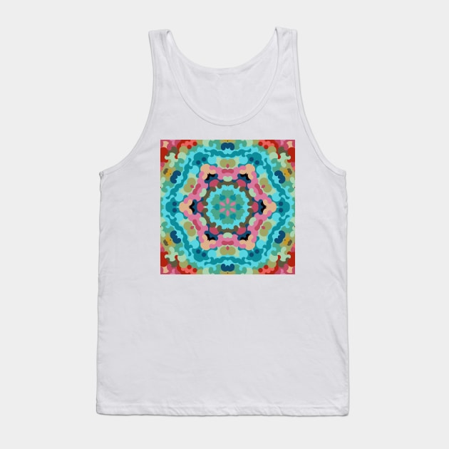 Retro Mandala Flower Blue Pink and Green Tank Top by WormholeOrbital